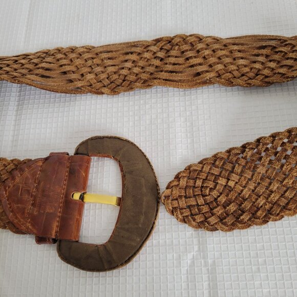 Furla Womens Sz L Belt Adjustable Wide Woven Made In Italy Genuine Leather Brown - Picture 8 of 8